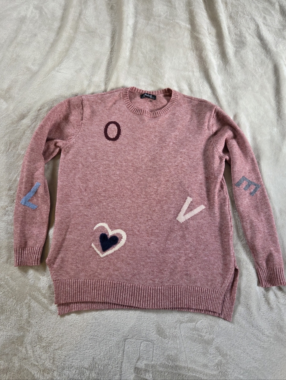 CHARLIE B Rose Pink Letter & Heart Crewneck Sweater Women Size Small